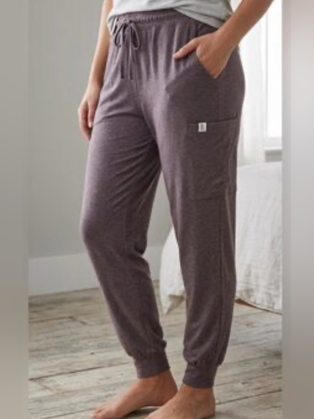 Frank&Oak Hi-Rise Drawstring Lightweight Cargo Jogger Pants - Plum Heather S